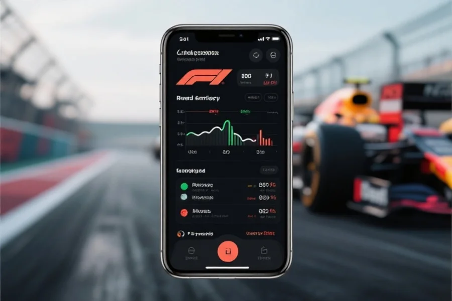 一个现代化手机屏幕，显示清晰的赛车资讯界面和实时数据，背景为模糊的赛车场景